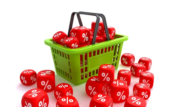 Shopping basket with discount dice — Stock Photo, Image