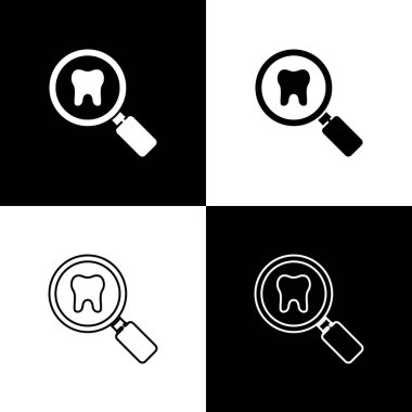 Dişçi arama simgesini siyah ve beyaz arkaplanda izole et. Diş hekimliği kliniği ya da diş hekimliği merkezi için diş sembolü. Vektör.