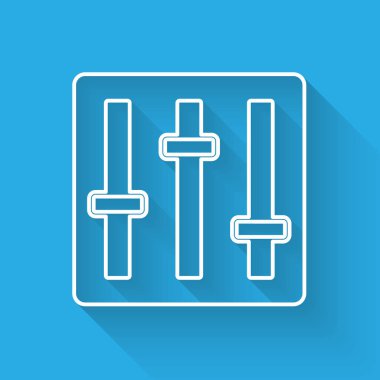 Beyaz çizgi Ses Karıştırıcı simgesi uzun gölgeli izole edilmiş. DJ ekipman kaydırma düğmeleri. Konsol karıştırılıyor. Vektör.