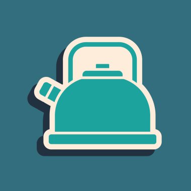 Yeşil arka planda ikonu olan yeşil çaydanlık. Çaydanlık ikonu. Uzun gölge tarzı. Vektör.