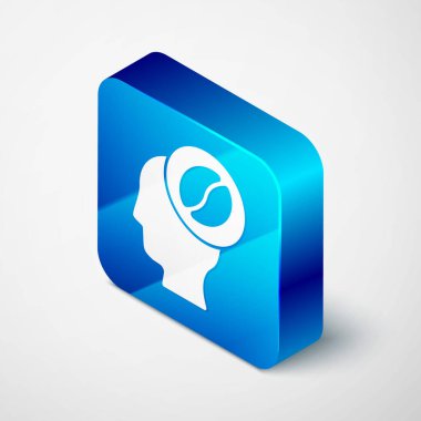 Gri arkaplanda izole edilmiş Isometric Barista simgesi. Mavi kare düğme. Vektör.