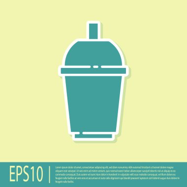 Yeşil kahve fincanı sarı arka planda izole edilmiş bir ikona dönüşecek. Vektör.