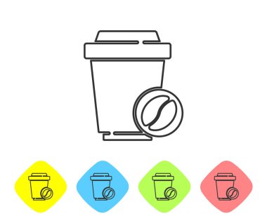 Gri çizgi kahve fincanı beyaz arka planda izole edilmiş bir ikon haline gelecek. Renkli eşkenar dörtgen düğmelerine simgeleri yerleştir. Vektör.