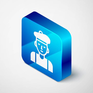 Gri arka planda izole edilmiş Isome Fransız adam ikonu. Mavi kare düğme. Vektör.