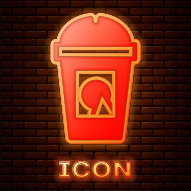 Parlayan neon kahve fincanı tuğla duvar arkasında izole edilmiş bir ikon haline gelecek. Baskıyı kaldır. Vektör.