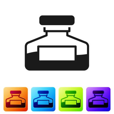 Siyah mürekkep şişesi simgesi beyaz arkaplanda izole edilmiş. Dolma kalem için el yazısı malzemeleri. Renkli kare düğmelerle simgeleri ayarla. Vektör.