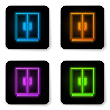 Parlayan neon elbise ikonu beyaz arka planda izole edildi. Siyah kare düğme. Vektör.