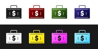 Evrak çantası ve para simgesi siyah beyaz arkaplanda izole edildi. İş ilanı. İş portföyü. Finansal yönetim. Vektör.