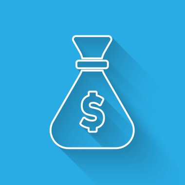 Beyaz çizgi Para Çantası simgesi uzun gölgeli izole edilmiş. Dolar ya da USD sembolü. Nakit bankacılık tabelası. Vektör.
