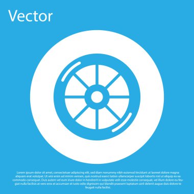 Mavi bisiklet tekeri ikonu mavi arka planda izole edildi. Bisiklet yarışı. Olağanüstü bir spor. Spor malzemeleri. Beyaz daire düğmesi. Vektör.