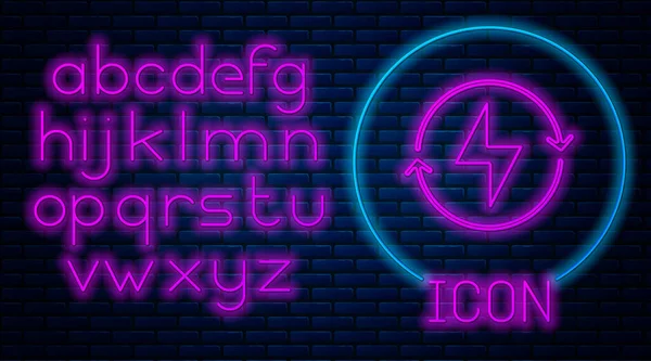 Ragyogó Neon Villám Ikon Elszigetelt Téglafal Háttér Villámjel Töltés Flash — Stock Vector