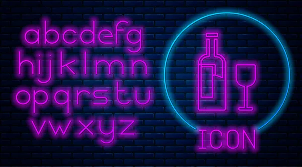 Glowing Neon Wine Bottle Glass Icon Isolated Brick Wall Background — Stock Vector