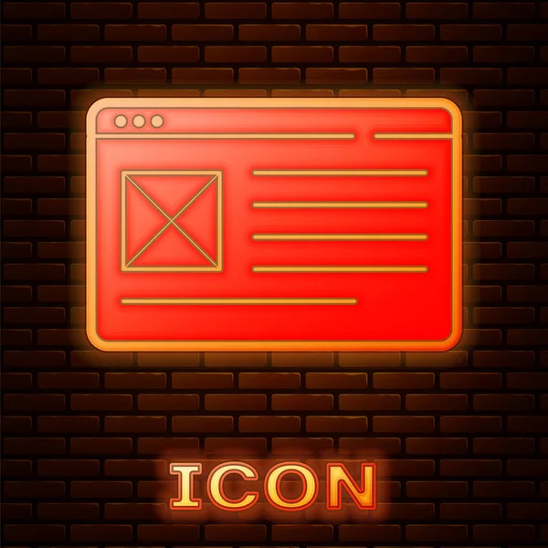 Zářící Ikona Neonového Okna Prohlížeče Izolovaná Pozadí Cihlové Stěny Vektor — Stockový vektor