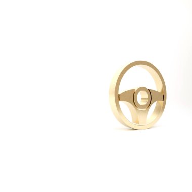 Altın direksiyon simgesi beyaz arkaplanda izole edilmiş. Araba tekeri ikonu. 3d illüstrasyon 3B canlandırma.