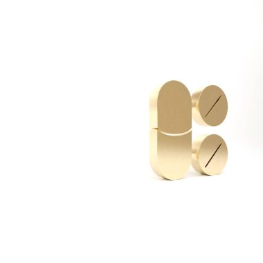 Altın diş ağrısı ağrı kesici tablet ikonu beyaz arka planda izole edilmiş. Diş bakımı ilacı. Kapsül hapı ve ilaç. Eczane tasarımı. 3d illüstrasyon 3B canlandırma.