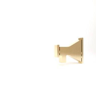 Beyaz arkaplanda izole edilmiş altın megafon simgesi. Sözcü işareti. 3d illüstrasyon 3B canlandırma.