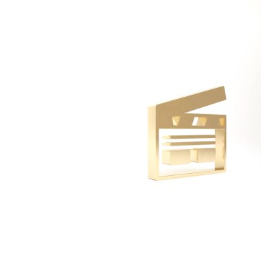 Beyaz arka planda izole edilmiş Altın Bollywood Hint sineması ikonu. Film alkışı. Film alkışlama tahtası. Sinema yapımı ya da medya endüstrisi. 3d illüstrasyon 3B canlandırma.