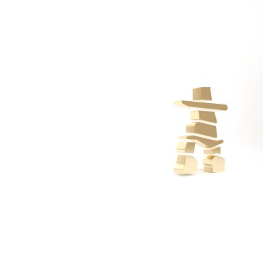 Altın Inukshuk simgesi beyaz arkaplanda izole edildi. 3d illüstrasyon 3B canlandırma.