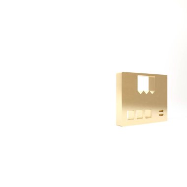 Beyaz arka planda izole edilmiş altın karton kutu simgesi. Kutu, paket, paket işareti. Teslimat ve ambalaj. 3d illüstrasyon 3B canlandırma.