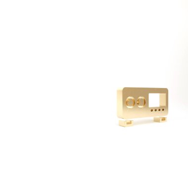 Beyaz arkaplanda altın gitar amplifikatörü simgesi izole edildi. Müzik aleti. 3d illüstrasyon 3B canlandırma.