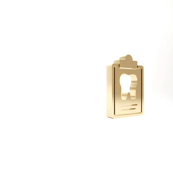 歯のカードや患者の医療記録のアイコンが白の背景に隔離された金のクリップボード 歯科保険 歯医者の報告書 3Dイラスト3Dレンダリング — ストック写真