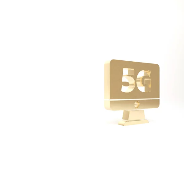 Gold Monitor New Wireless Internet Wifi Icon Isolated White Background — Stock Photo, Image