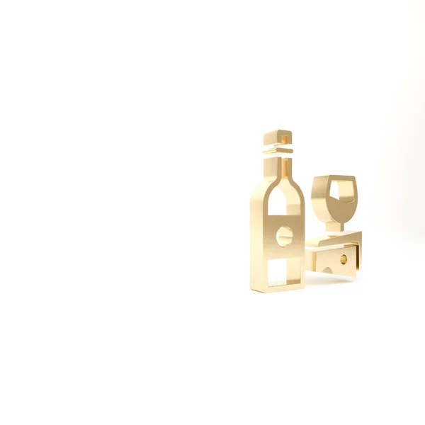 Goldene Weinflasche Mit Glas Und Käsesymbol Isoliert Auf Weißem Hintergrund — Stockfoto