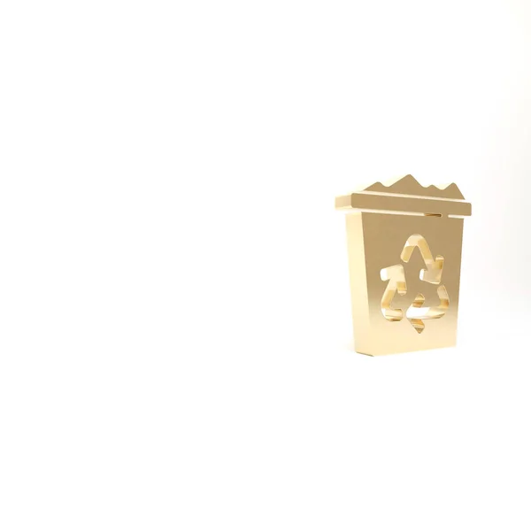 Gouden Prullenbak Met Recycle Symbool Pictogram Geïsoleerd Witte Achtergrond Prullenbak — Stockfoto