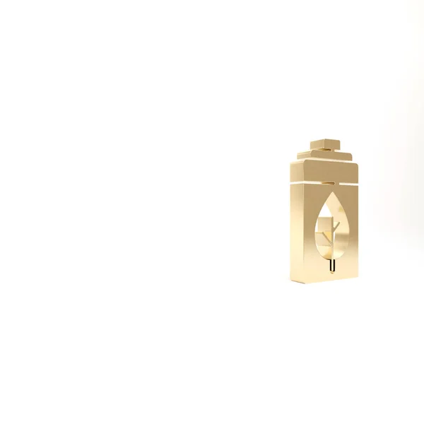 金色のエコ自然葉と白い背景に隔離されたバッテリーアイコン 生態系の保全概念に基づくエネルギー 3Dイラスト3Dレンダリング — ストック写真