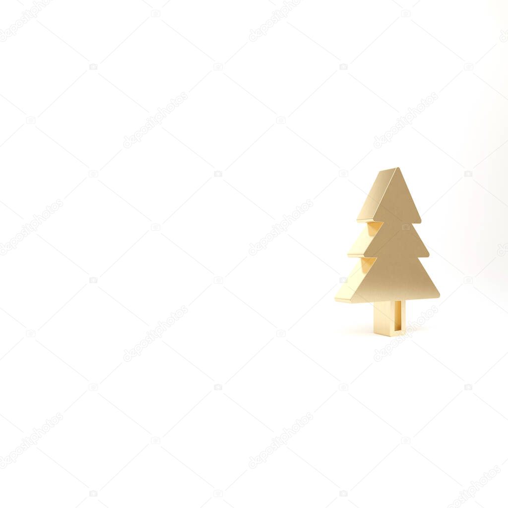 Gold Christmas tree icon isolated on white background. Merry Christmas and Happy New Year. 3d illustration 3D render.