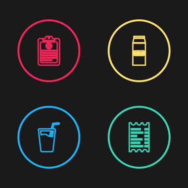 Bardak hattını su, kağıt ya da mali çekle doldurun, süt ve klinik rekor simgesi paketi. Vektör.