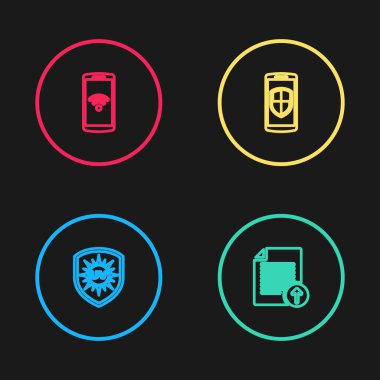 Hat UV koruması, dosya yükleme, kalkan ve kablosuz ikonlu akıllı telefon ayarlayın. Vektör.