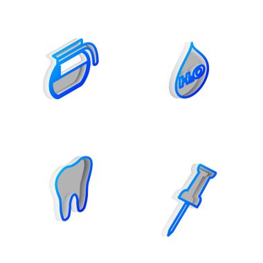 Isometric hattını H2O, kahve demliği, diş ve iğne simgesi ile ayarla. Vektör.