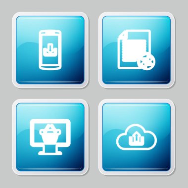 Smartphone satırını indirme, transfer dosyaları, Monitör alışveriş sepeti ve Cloud upload simgesi ile ayarla. Vektör.