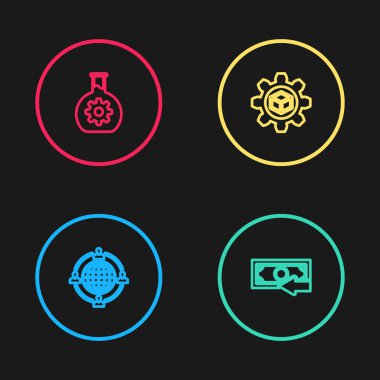 Dış kaynak kullanımı konsepti, nakit ödeme, ürün geliştirme ve biyomühendislik ikonu. Vektör.