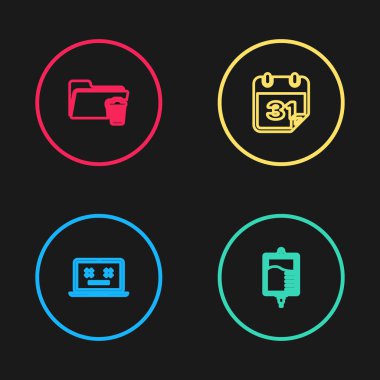 Satırı ayarla Ölü dizüstü bilgisayar, serum çantası, Takvim ve Dizin simgesini sil. Vektör.