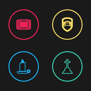 Şamdandaki yanan mumu, haçlı Tombstone 'u, araba korumasını ya da sigorta parasını ve şarap ikonu olarak tahtadan fıçıyı ayarla. Vektör.