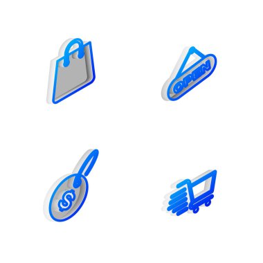 Açık kapı, el çantası, fiyat etiketi dolar ve alışveriş arabası ikonu ile Isometric hat asma işareti ayarlayın. Vektör.