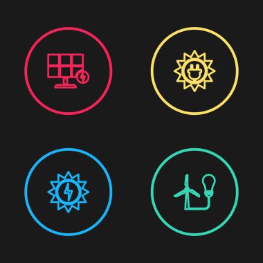 Güneş enerjisi panelini, rüzgar türbinli ampulü ve ikonu ayarla. Vektör.