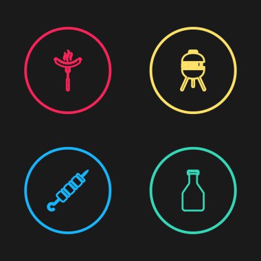 Izgara şiş kebap, ketçap şişesi, ızgara ızgara ve sosis. Vektör.