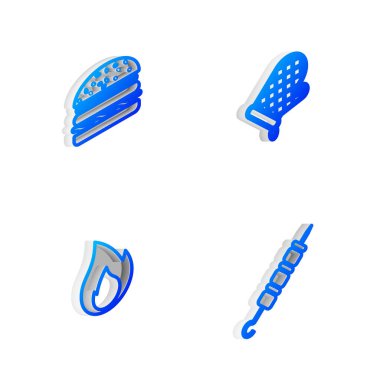 Isometric Line Hot chili biber kabuğu, biftek eti, ketçap şişesi ve çapraz çatal ve spatula ikonu hazırlayın. Vektör.