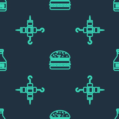 Çizgi çizgisi Burger, ızgara şiş kebap ve ketçap şişesi, kusursuz desenli. Vektör.