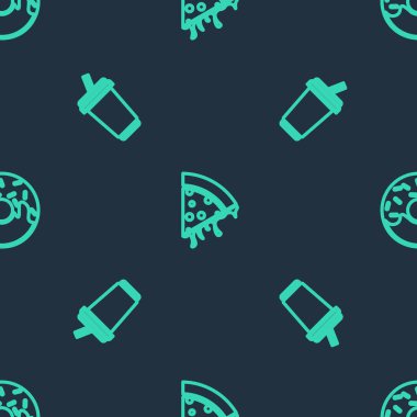 Dilimlenmiş pizza, bardakta su ve donut. Vektör.