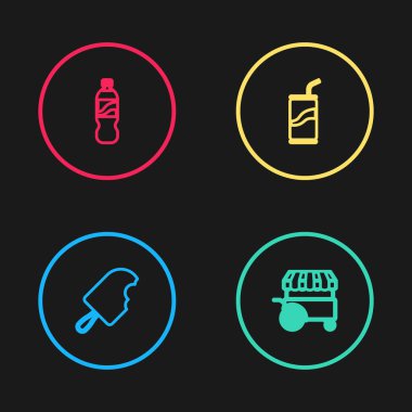 Dondurma, Fast Street yemek arabası, saman ve bir şişe su ikonu ile soda kutusu. Vektör.