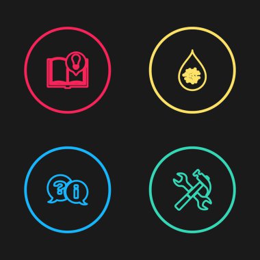 Soru ve Ünlem satırı, çapraz çekiç anahtarı, kirli su damlası ve ilginç gerçekler simgesi. Vektör.