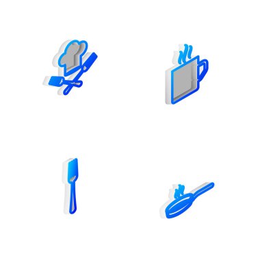 Isometric hattı kahve fincanı, şef şapkası ve çatalı, çatal ve tava simgesini ayarla. Vektör.