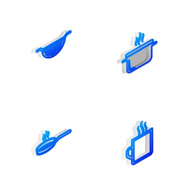 Isometric hattını kur yemek pişirme kabı, mutfak kevaşesi, kızartma tavası ve kahve bardağı ikonu. Vektör.