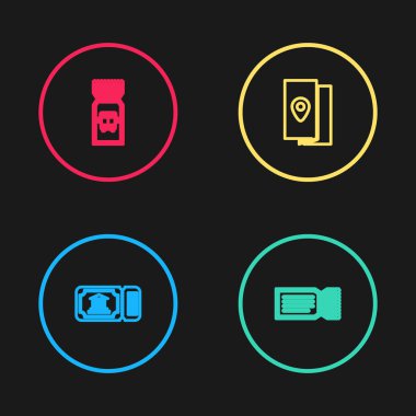 Satır müze bileti, bilet, kapak kitabı seyahat rehberi ve otobüs simgesi. Vektör.