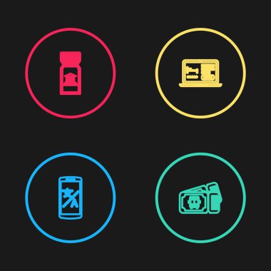 Çevrimiçi çevirmen, otobüs bileti, otel rezervasyonu ve müze simgesi ayarla. Vektör.