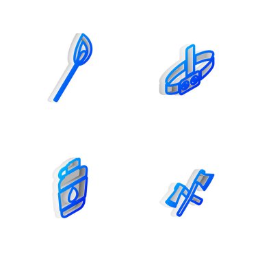 Isome hattı el feneri, yanan kibrit, kantin suyu şişesi ve çapraz ahşap balta ikonu. Vektör.